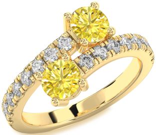 Yellow Diamond Gold Silver Round Two Stone Ring