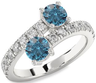 Blue Diamond Silver Round Two Stone Ring