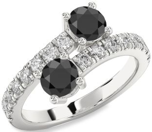 Diamond Black Onyx Silver Round Two Stone Ring