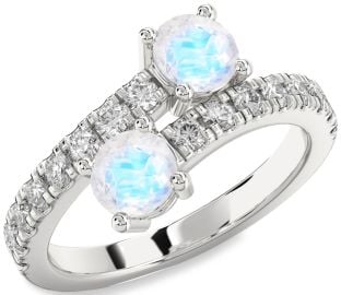 Diamond Moonstone Silver Round Two Stone Ring