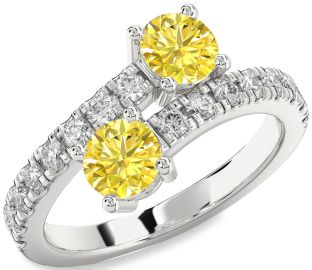 Yellow Diamond Silver Round Two Stone Ring