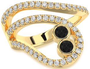 Black Diamond Gold Silver Round Two Stone Ring