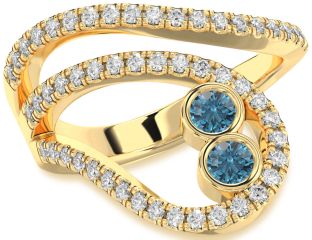 Blue Diamond Gold Silver Round Two Stone Ring