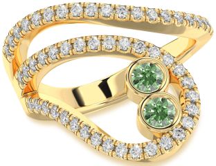 Green Diamond Gold Silver Round Two Stone Ring