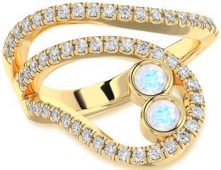 Diamond Moonstone Gold Silver Round Two Stone Ring