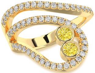 Yellow Diamond Gold Silver Round Two Stone Ring
