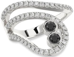 Diamond Black Onyx Silver Round Two Stone Ring