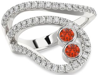 Diamond Fire Opal Silver Round Two Stone Ring