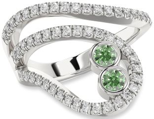 Green Diamond Silver Round Two Stone Ring
