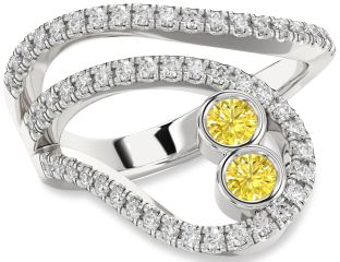 Yellow Diamond Silver Round Two Stone Ring