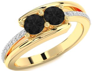 Black Diamond Gold Silver Round Two Stone Ring