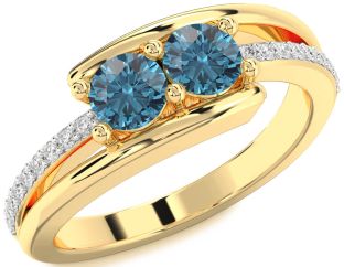 Blue Diamond Gold Silver Round Two Stone Ring