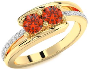 Diamond Fire Opal Gold Silver Round Two Stone Ring