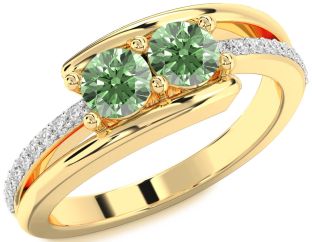 Green Diamond Gold Silver Round Two Stone Ring