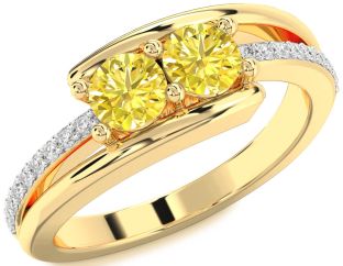 Yellow Diamond Gold Silver Round Two Stone Ring