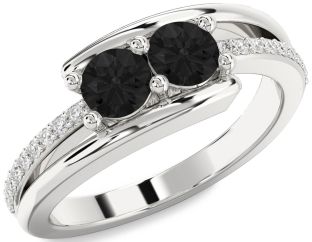 Black Diamond Silver Round Two Stone Ring