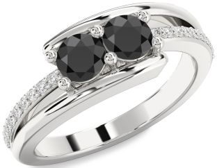 Diamond Black Onyx Silver Round Two Stone Ring
