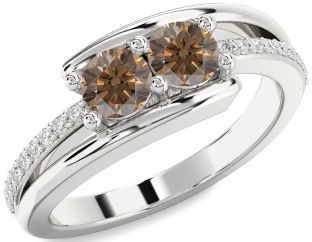 Chocolate Brown Diamond Silver Round Two Stone Ring