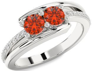 Diamond Fire Opal Silver Round Two Stone Ring