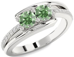 Green Diamond Silver Round Two Stone Ring