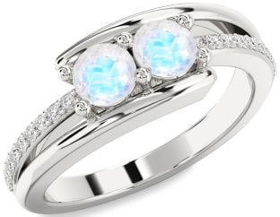 Diamond Moonstone Silver Round Two Stone Ring