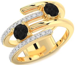 Black Diamond Gold Silver Round Two Stone Ring