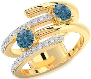 Blue Diamond Gold Silver Round Two Stone Ring