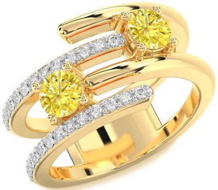 Yellow Diamond Gold Silver Round Two Stone Ring