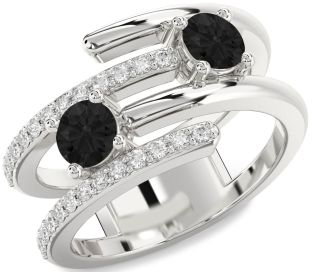 Black Diamond Silver Round Two Stone Ring