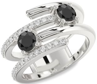 Diamond Black Onyx Silver Round Two Stone Ring
