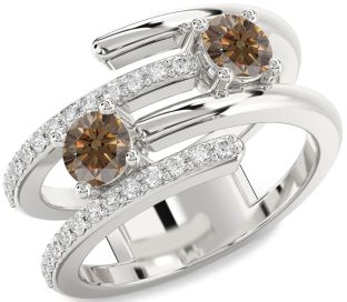 Chocolate Brown Diamond Silver Round Two Stone Ring