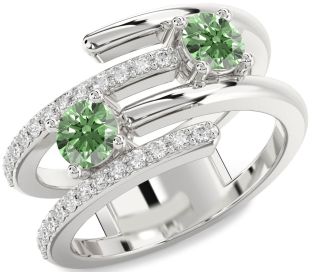 Green Diamond Silver Round Two Stone Ring