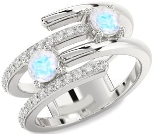 Diamond Moonstone Silver Round Two Stone Ring