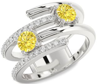 Yellow Diamond Silver Round Two Stone Ring