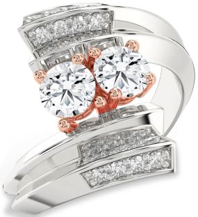 Diamond Silver & 10K Rose Gold Round Two Stone Ring