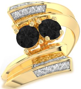 Black Diamond Gold Silver Round Two Stone Ring