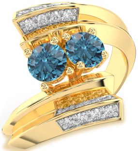 Blue Diamond Gold Silver Round Two Stone Ring