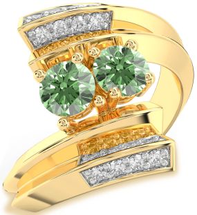 Green Diamond Gold Silver Round Two Stone Ring