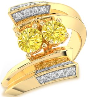 Yellow Diamond Gold Silver Round Two Stone Ring