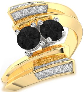 Black Diamond Gold Silver Round Two Stone Ring