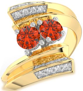 Diamond Fire Opal Gold Silver Round Two Stone Ring