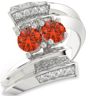 Diamond Fire Opal Platinum Round Two Stone Ring