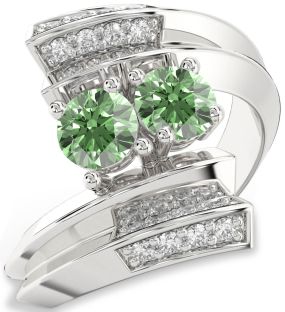 Green Diamond Platinum Round Two Stone Ring