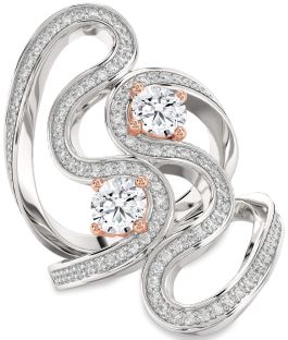 Large Diamond Silver & 10K Rose Gold Round Two Stone Ring