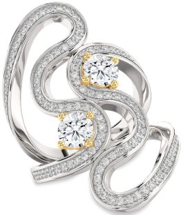 Large Diamond Silver & 10K gold Round Two Stone Ring
