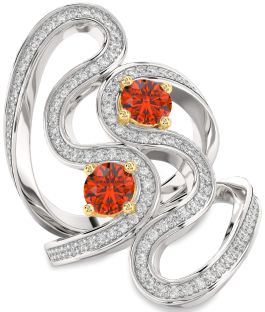 Diamond Fire Opal Gold Silver Round Two Stone Pave Ring