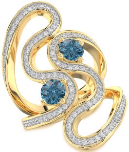 Blue Diamond Gold Silver Round Two Stone Pave Ring