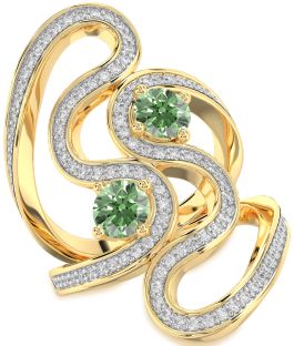 Green Diamond Gold Silver Round Two Stone Pave Ring