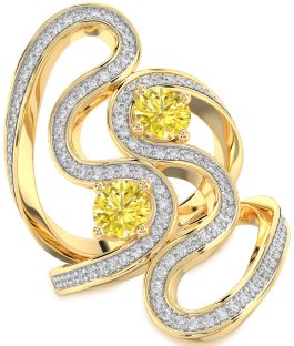 Yellow Diamond Gold Silver Round Two Stone Pave Ring