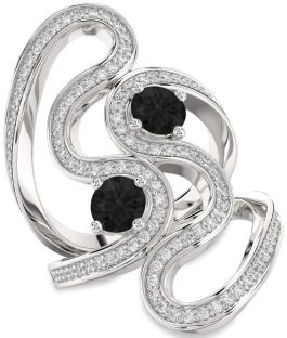 Black Diamond Silver Round Two Stone Pave Ring